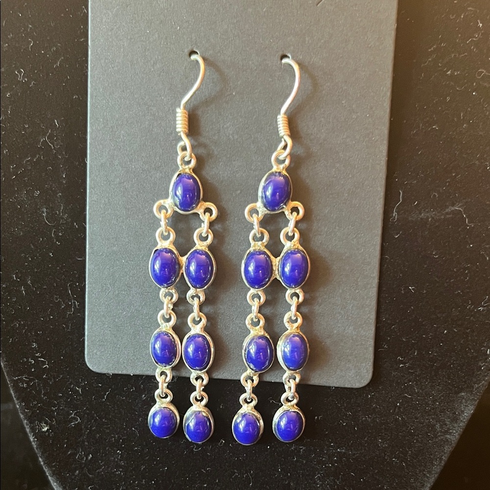Lapis Lazuli Cabochons Set In .925 Silver Dangle Earrings